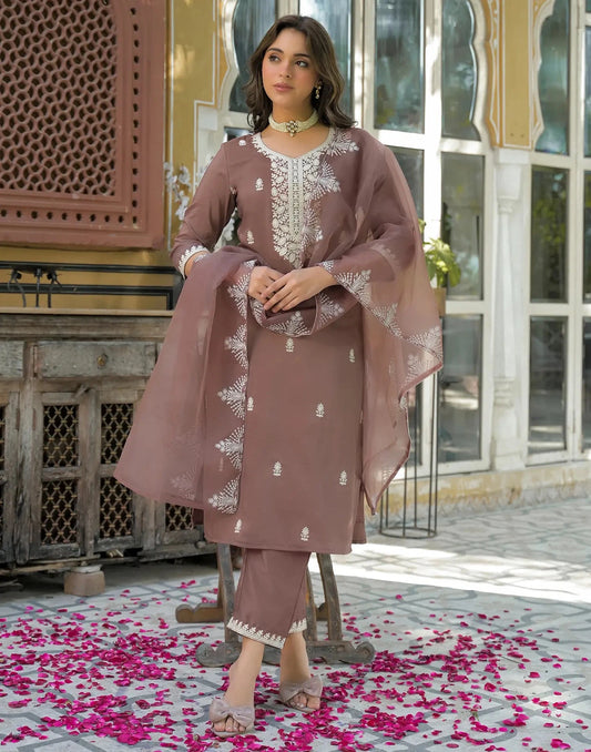 Chinnon Embroidered Straight Round Neck Kurta with Pant & Dupatta