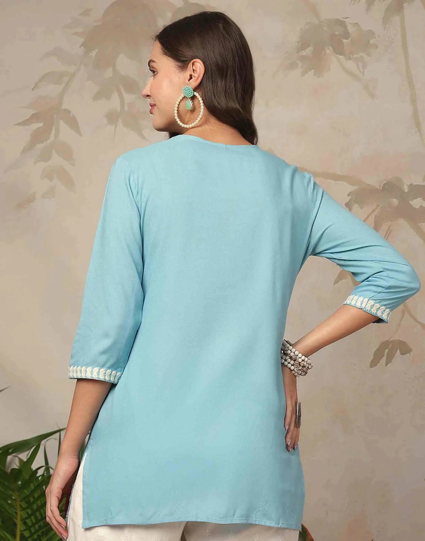 Rayon Chikankari Straight Round Neck Short Kurti