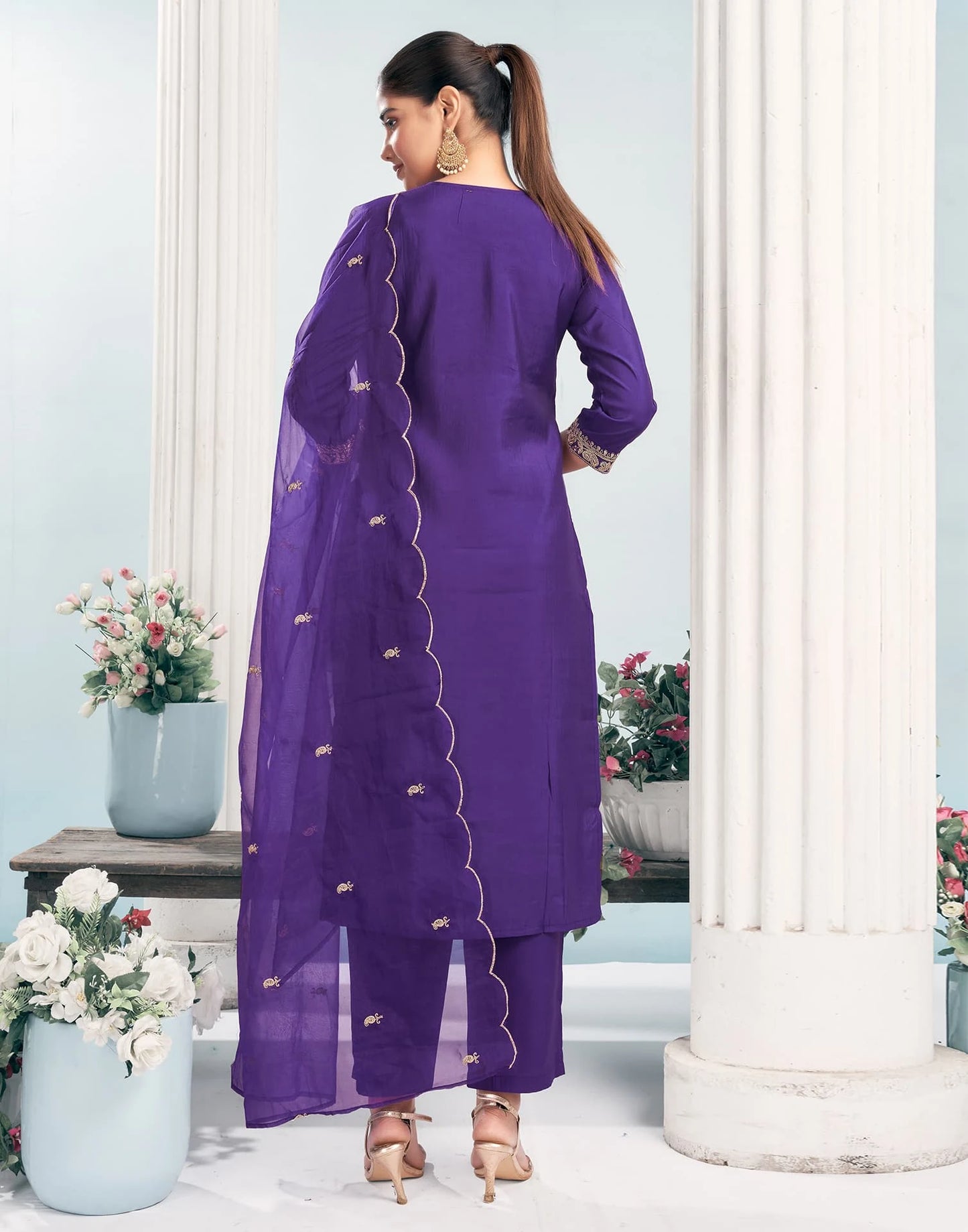 Silk Blend Embroidered Straight Kurta with Pant & Dupatta