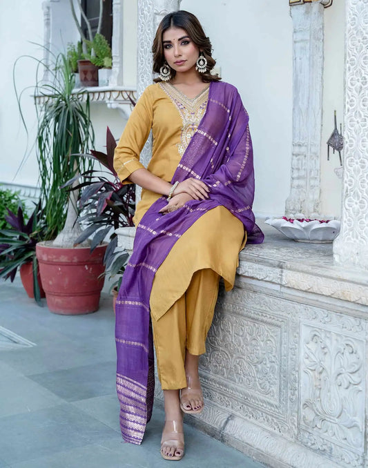 Cotton Blend Embroidered Straight Kurta with Pant & Dupatta