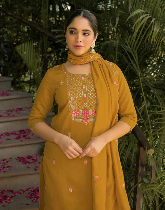 Silk Embroidered Straight Round Neck Kurta with Pant & Dupatta