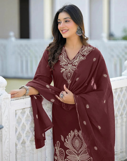 Cotton Embroidered V-Neck Straight Kurta with Pant & Dupatta