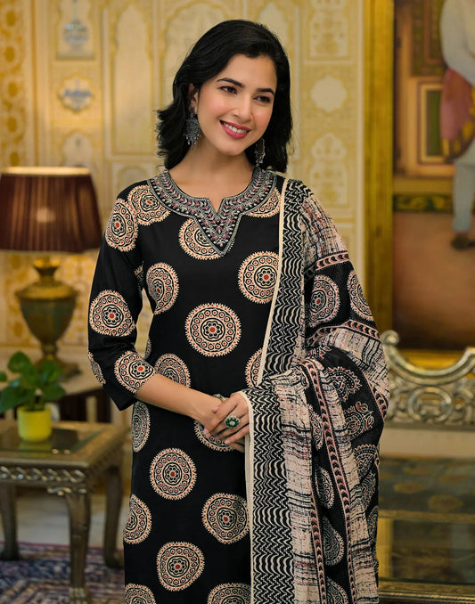 Cotton Embroidered V-Neck Straight Kurta with Pant & Dupatta