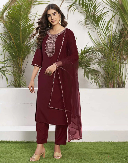 Silk Blend Dyed, Embroidery and Gota Lace Straight Kurta with Pant & Dupatta