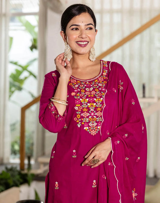 Skylee Pink Cotton Embroidered Straight Kurta with Pant & Dupatta