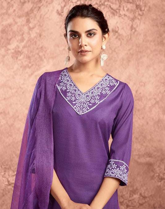 Cotton Blend Embroidered Straight Kurta with Pant & Dupatta