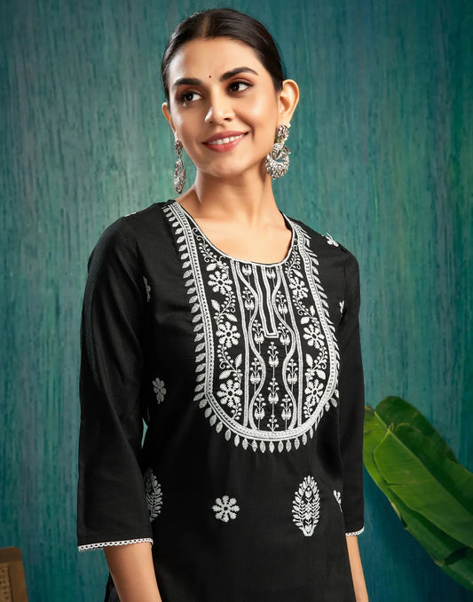 Cotton Blend Chikankari Straight Round Neck Kurtis
