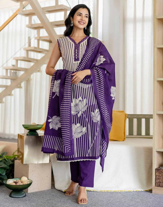 Affordable Cotton Printed V-Neck Kurta Set with Pant & Dupatta for Women under 999