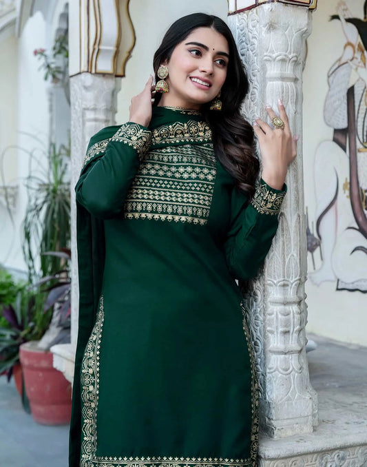 Dark Green Cotton Printed Straight Kurta with Pant & Dupatta Festive Wear for Women