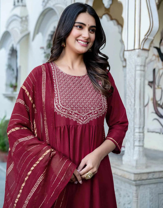 Rayon Blend Embroidered Anarkali Kurta with Pant & Dupatta