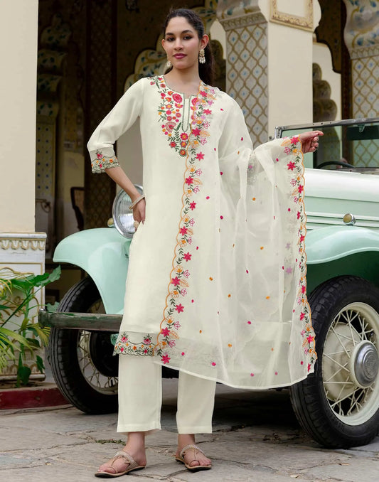 Beige Silk Blend Embroidered and Sequins Work Straight Kurta Set with Pant & Dupatta for Women