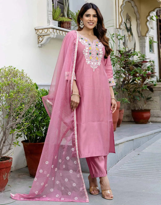 Silk Embroidered Straight Kurta with Pant & Dupatta