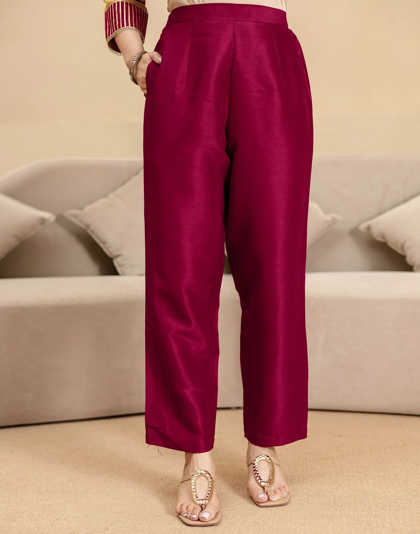 Silk Straight Embroidery V-Neck Kurta with Pant & Dupatta