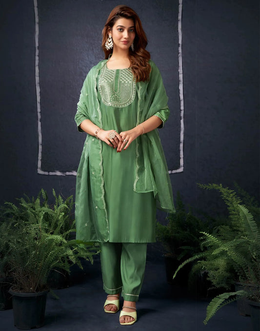 Silk Blend Embroidered Straight Kurta with Pant & Dupatta