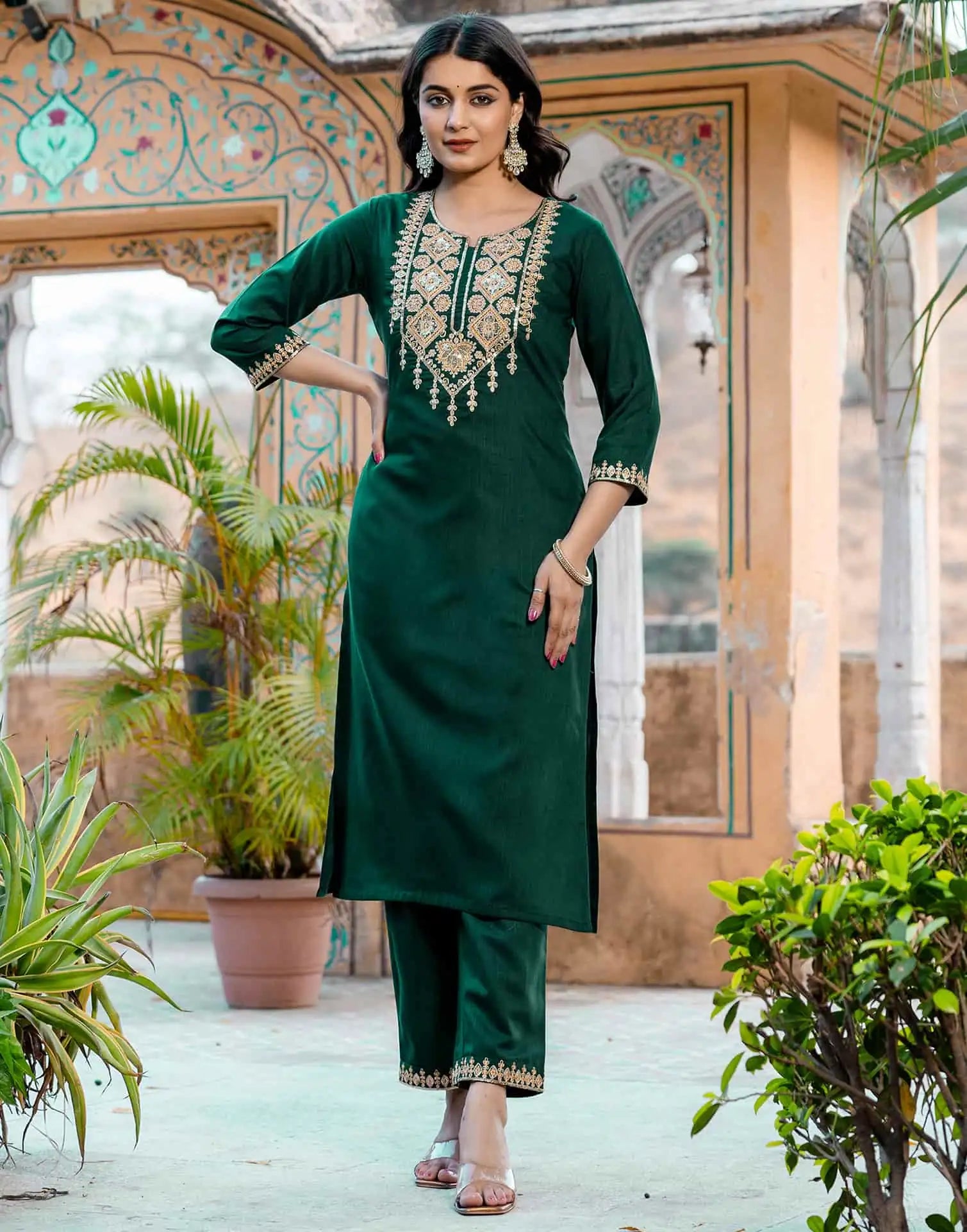 Dark Green Cotton Sequin and Embroidered Straight Kurta Set with Pant & Dupatta for Women