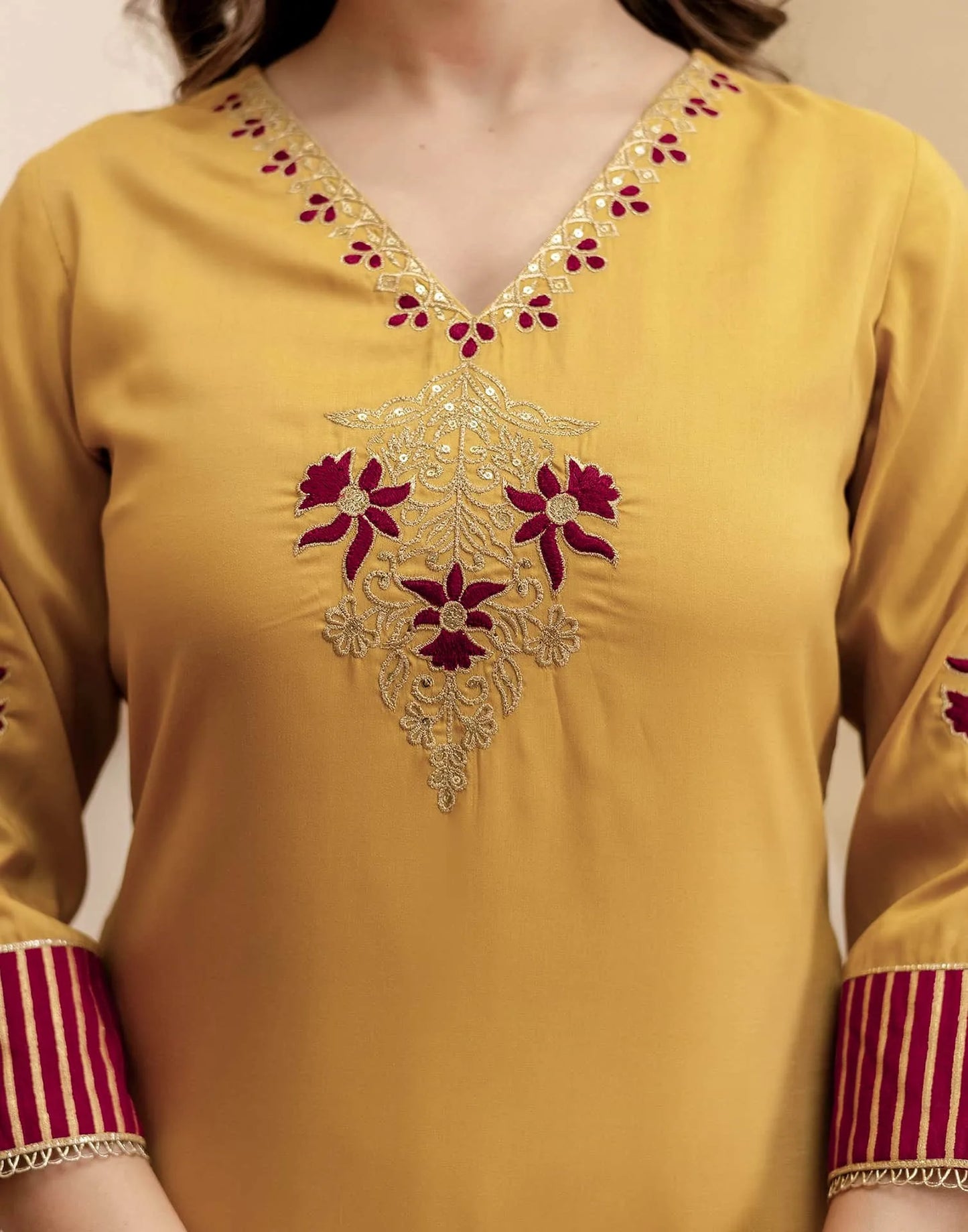 Silk Straight Embroidery V-Neck Kurta with Pant & Dupatta