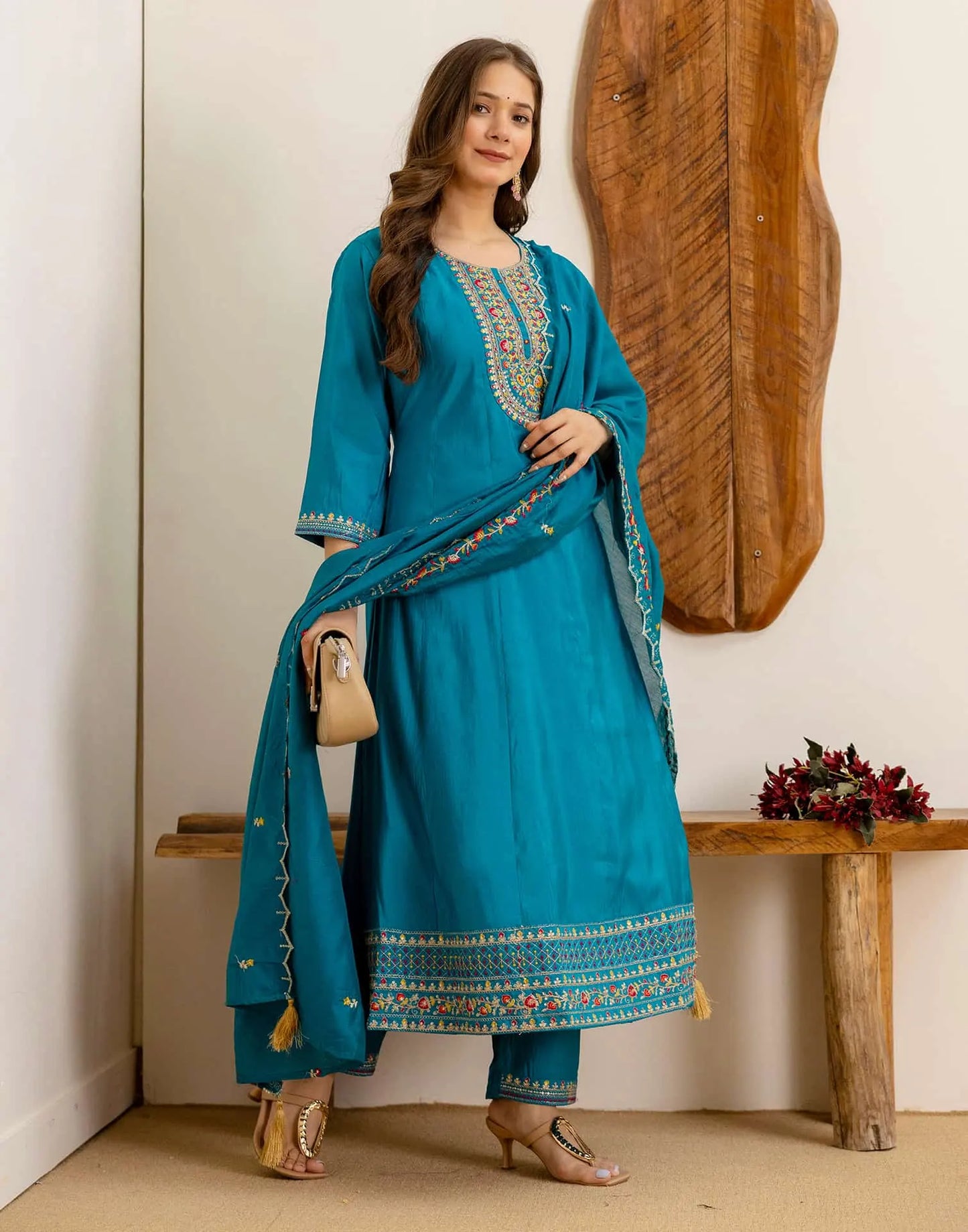 Blue Silk Embroidered Anarkali Kurta Set with Pant and Dupatta for Women Festive Wear under 1299