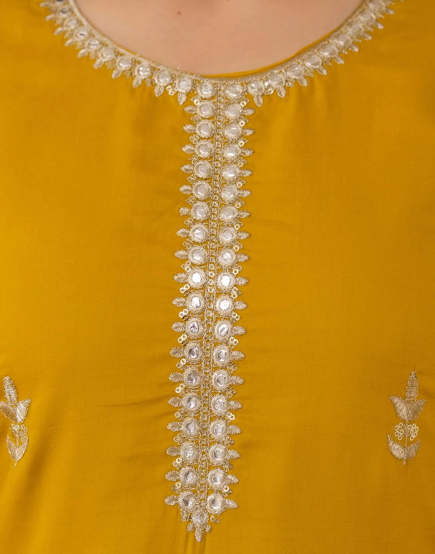 Affordable Yellow Cotton Embroidered Straight Kurta Set Round Neck Cotton Kurti with Pant & Dupatta