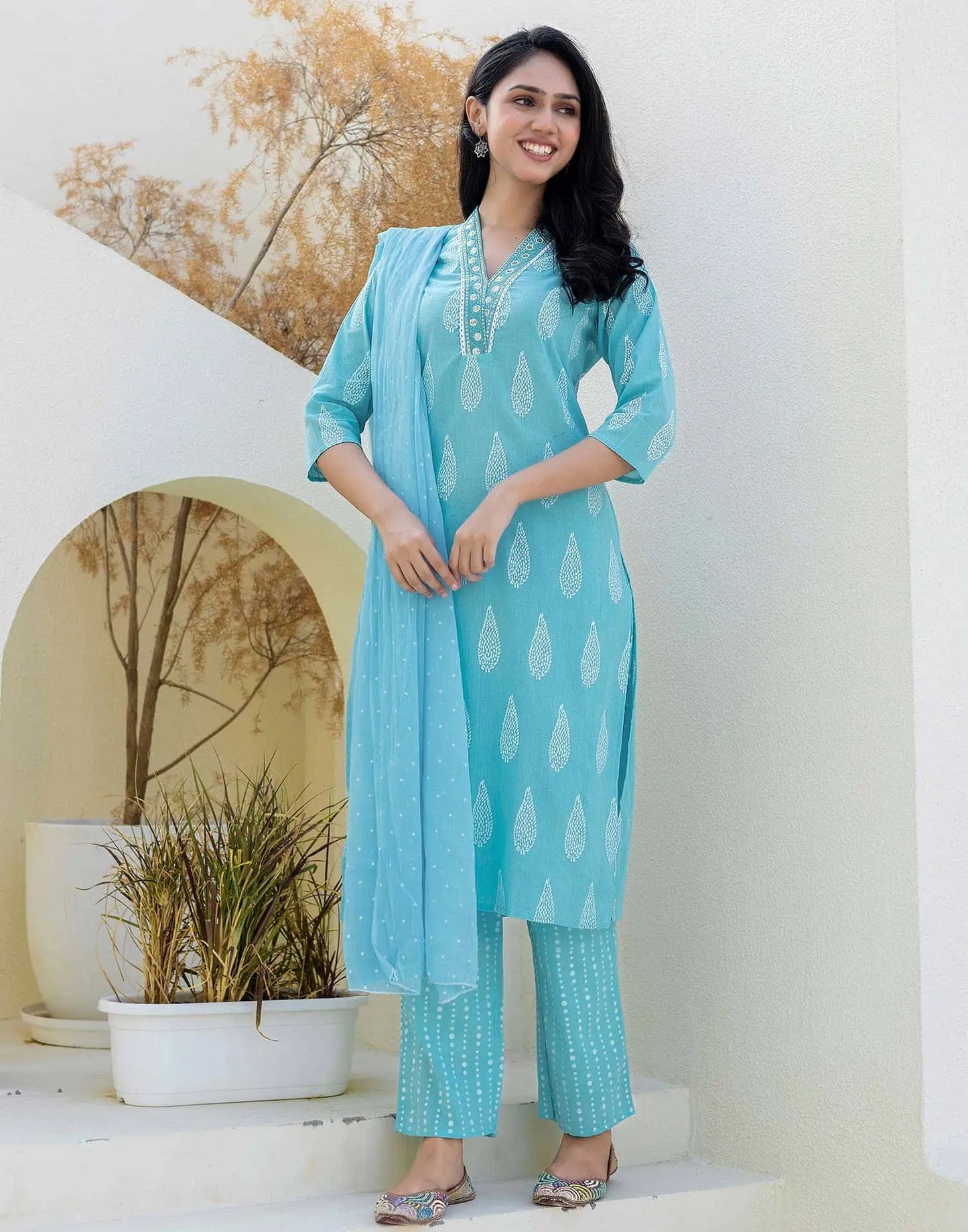 Cotton Printed, Embroidery and Sequins Work, Lace Straight Kurta with Pant & Dupatta