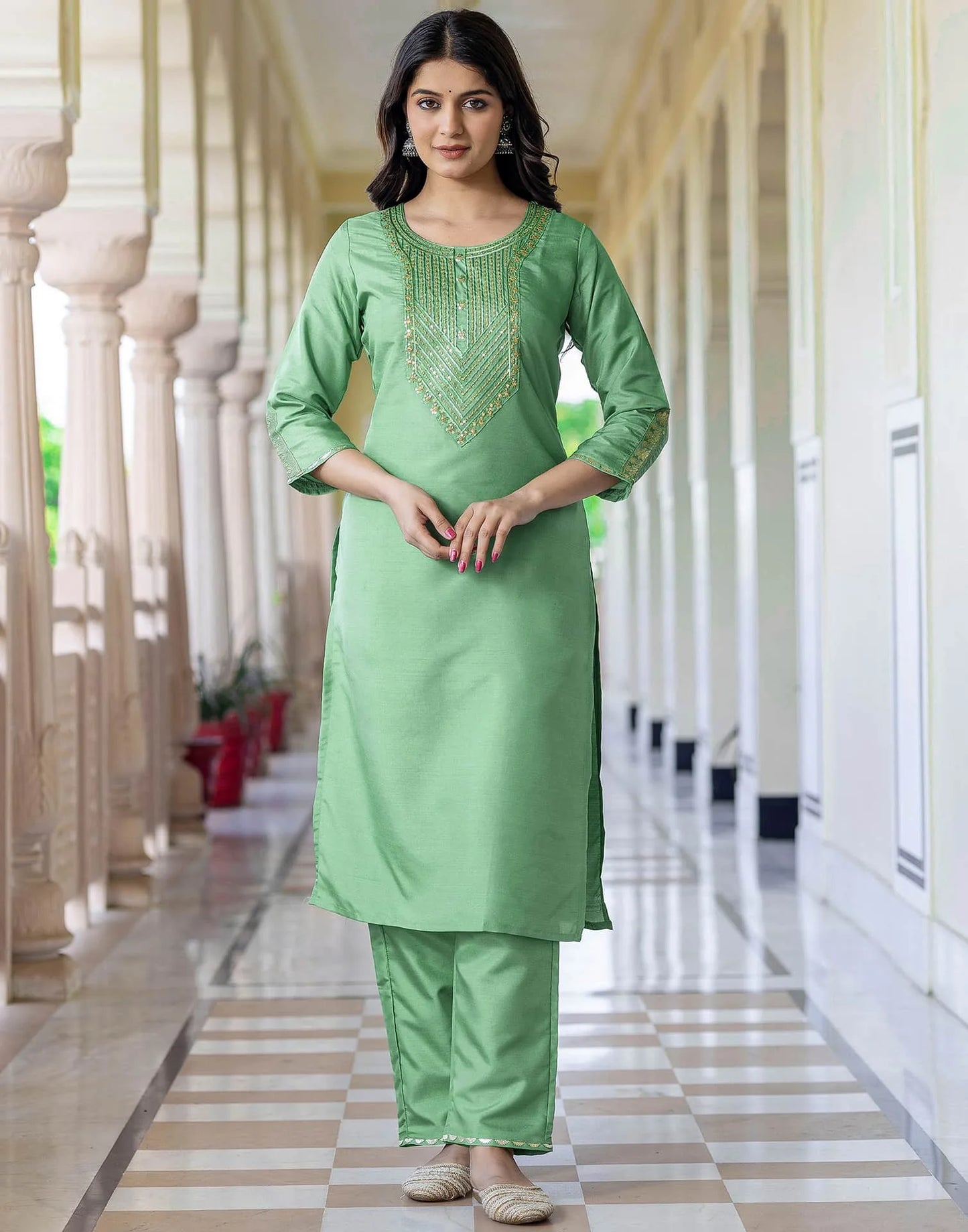 Silk Blend Embroidery and Sequins Work Straight Kurta with Pant & Dupatta