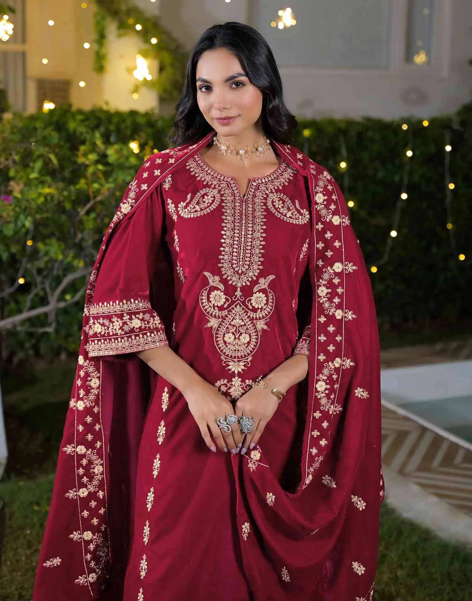 Skylee Velvet Embroidered Straight 3 Piece Kurta Set For Woman