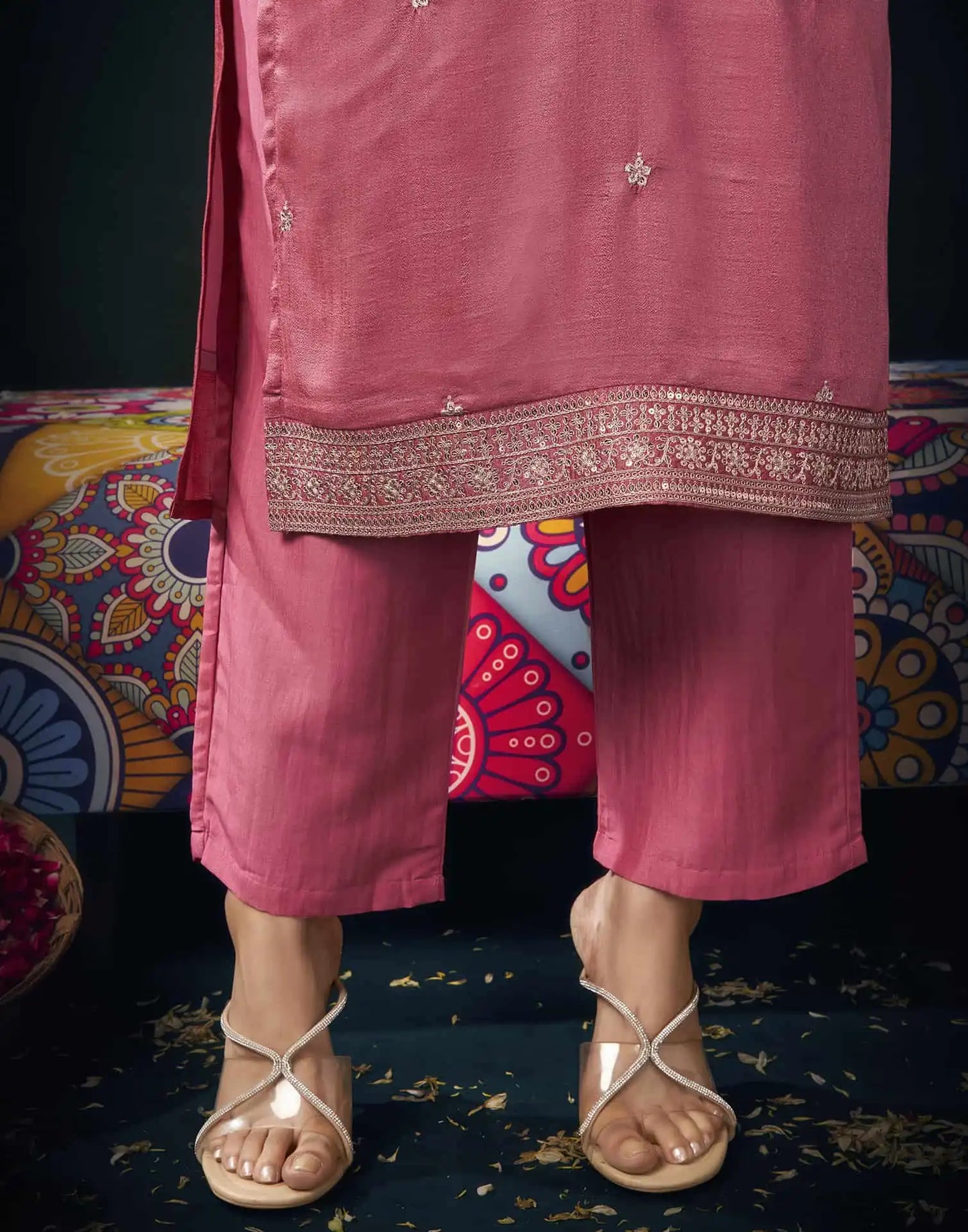 Silk Blend Embroidered Straight Kurta with Pant & Dupatta