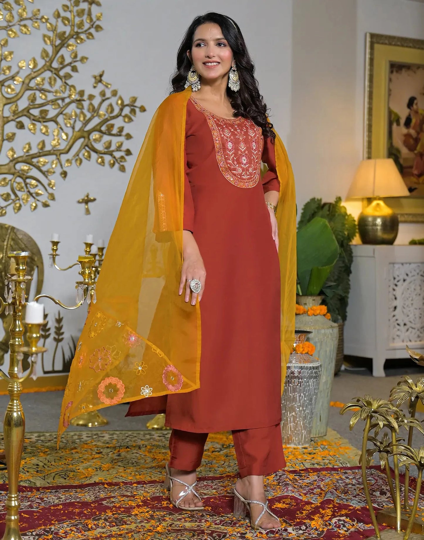 Chinnon Embroidered Round Neck Straight Kurta with Pant & Dupatta