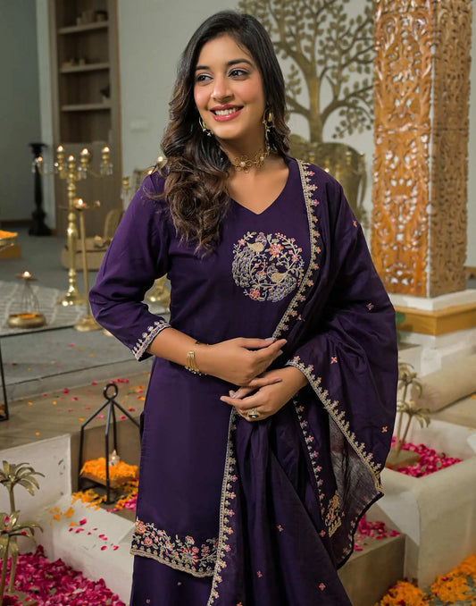 Silk Embroidered Straight Kurta with Pant & Dupatta