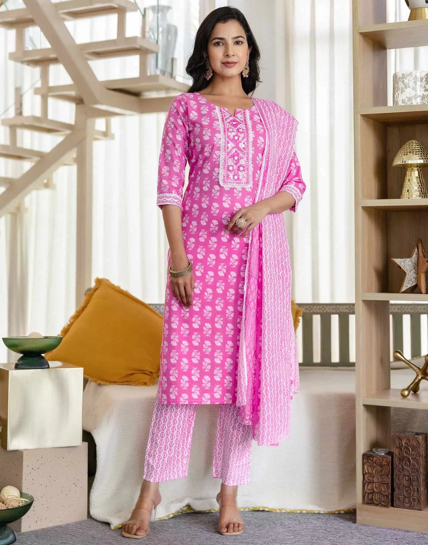 Affordable Red Cotton Printed Straight Kurta Set Round-Neck Cotton Kurti with Pant & Dupatta