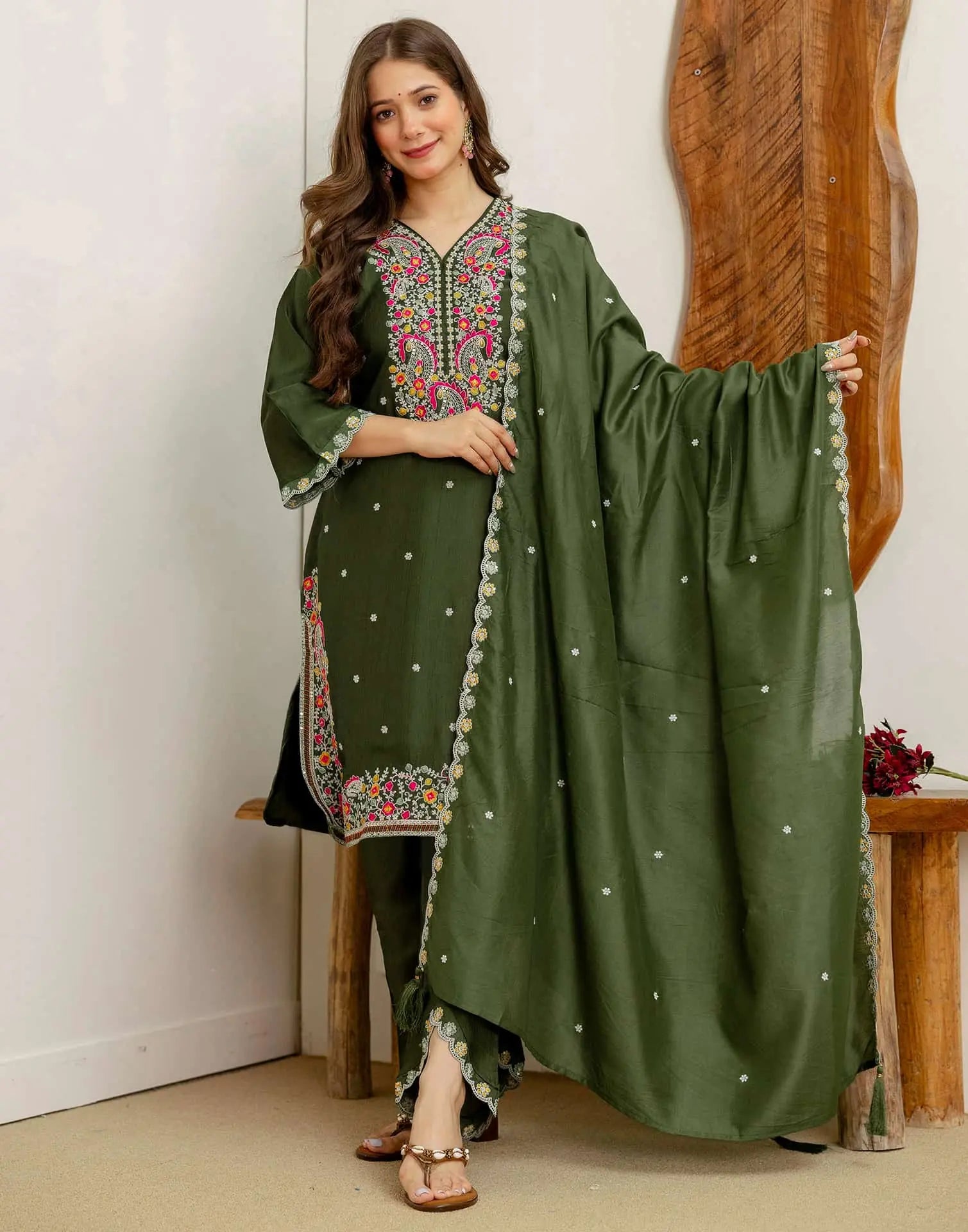 Green Silk Embroidered Straight Kurta Set with Pant and Dupatta for Women under 1299