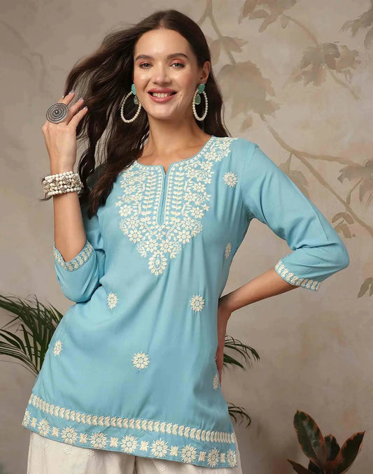 Rayon Chikankari Straight Round Neck Short Kurti