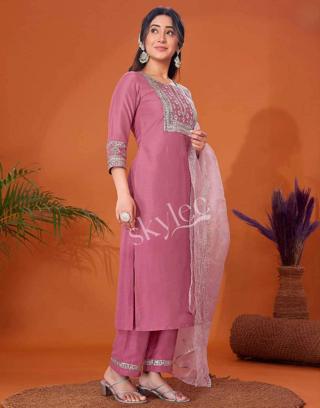 Skylee Viscose Rayon Embroidered Straight 3 Piece Kurta Set For Woman