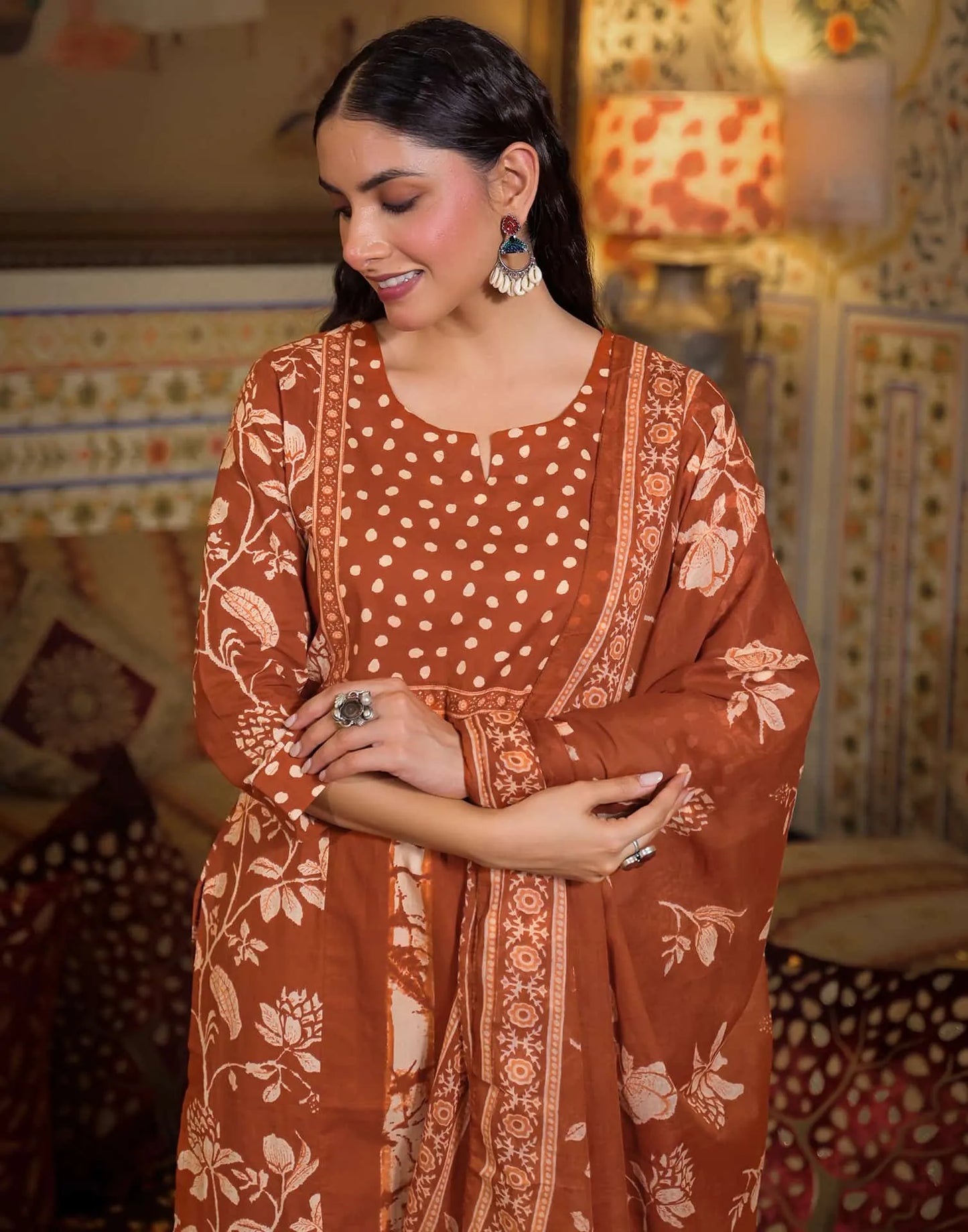 Cotton Straight Printed V-Neck Kurta with Pant & Dupatta