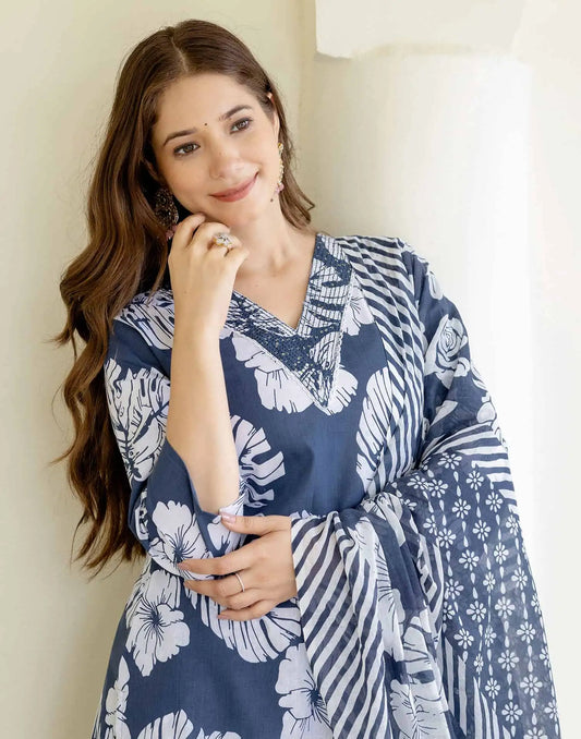 Cotton Printed Straight Kurta with Pant & Dupatta