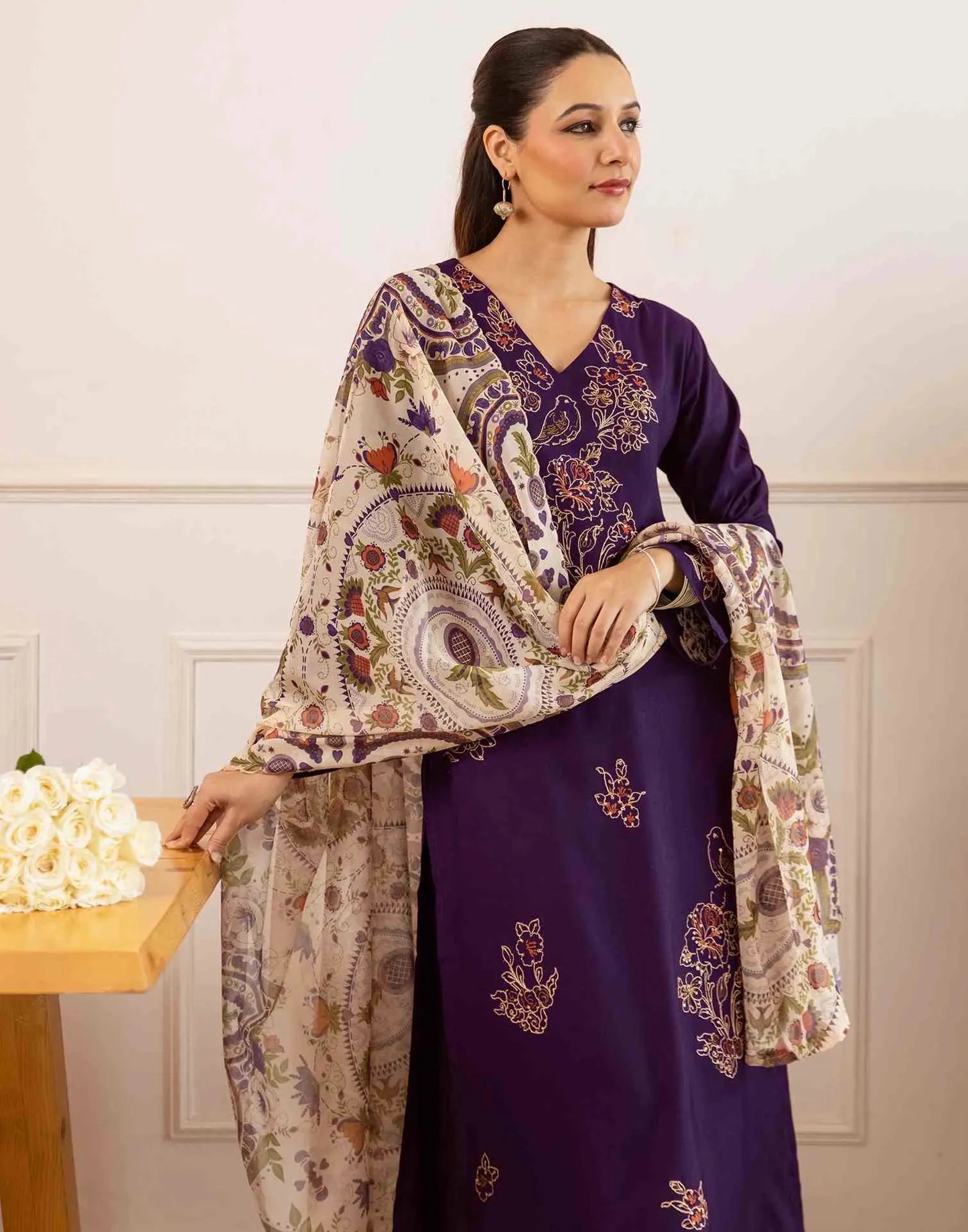 Cotton Embroidered Straight V-Neck Kurta with Pant & Dupatta