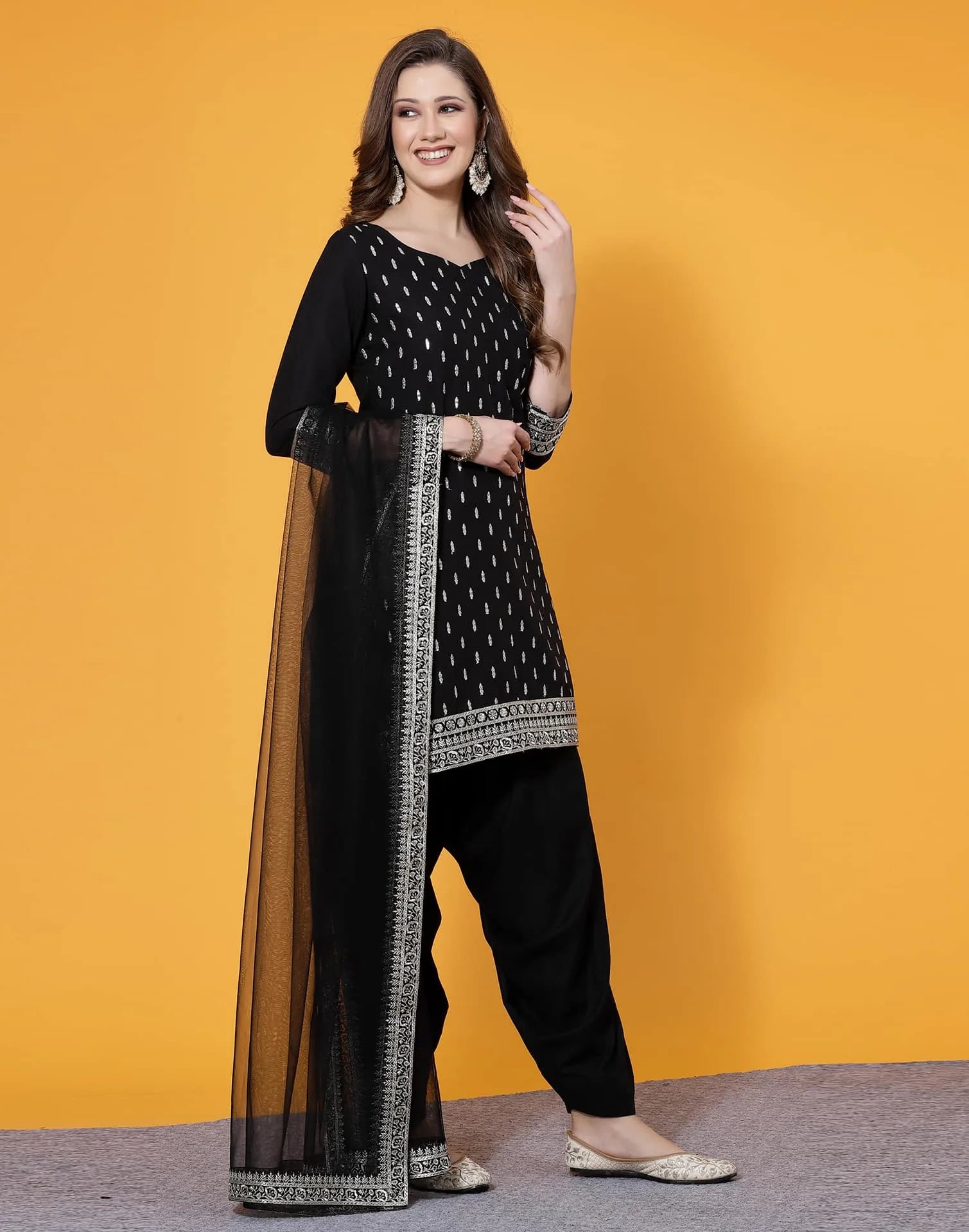 Black Rayon Straight Kurta Set with Embroidery and Dupatta under 1000