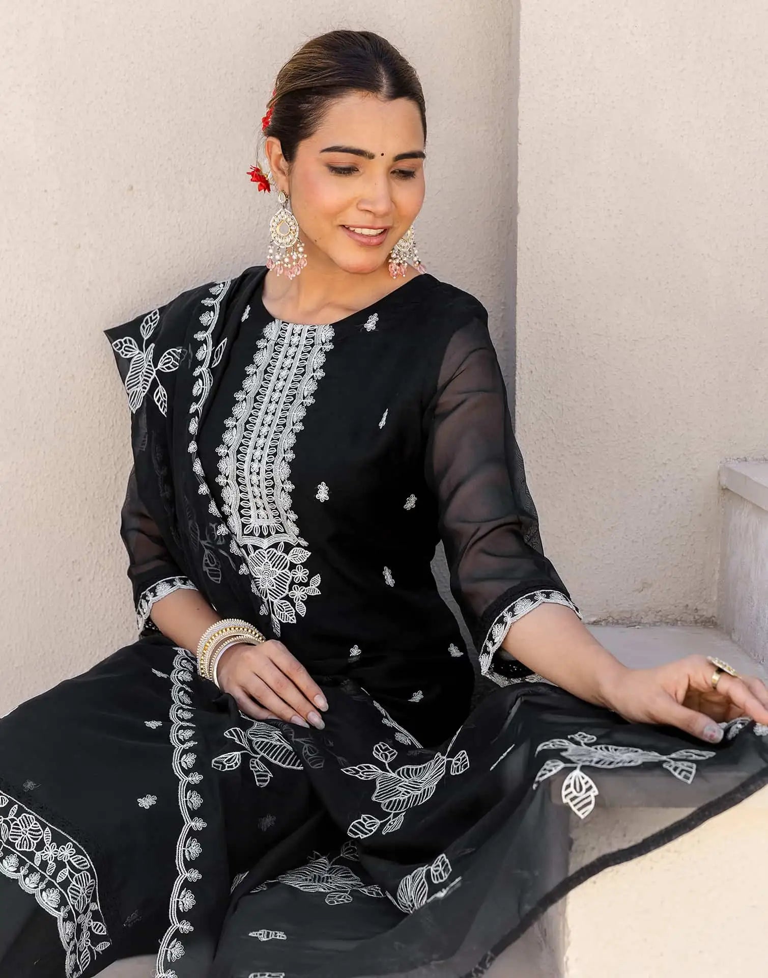 Skylee Organza Embroidered Straight 3 Piece Kurta Set For Woman