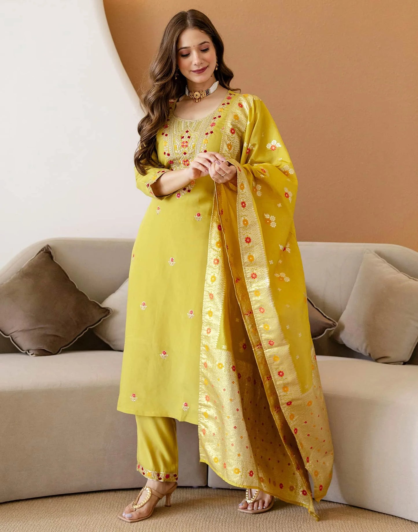Yellow Silk Embroidered Straight Kurta Set with Pant & Dupatta for Women under 1299