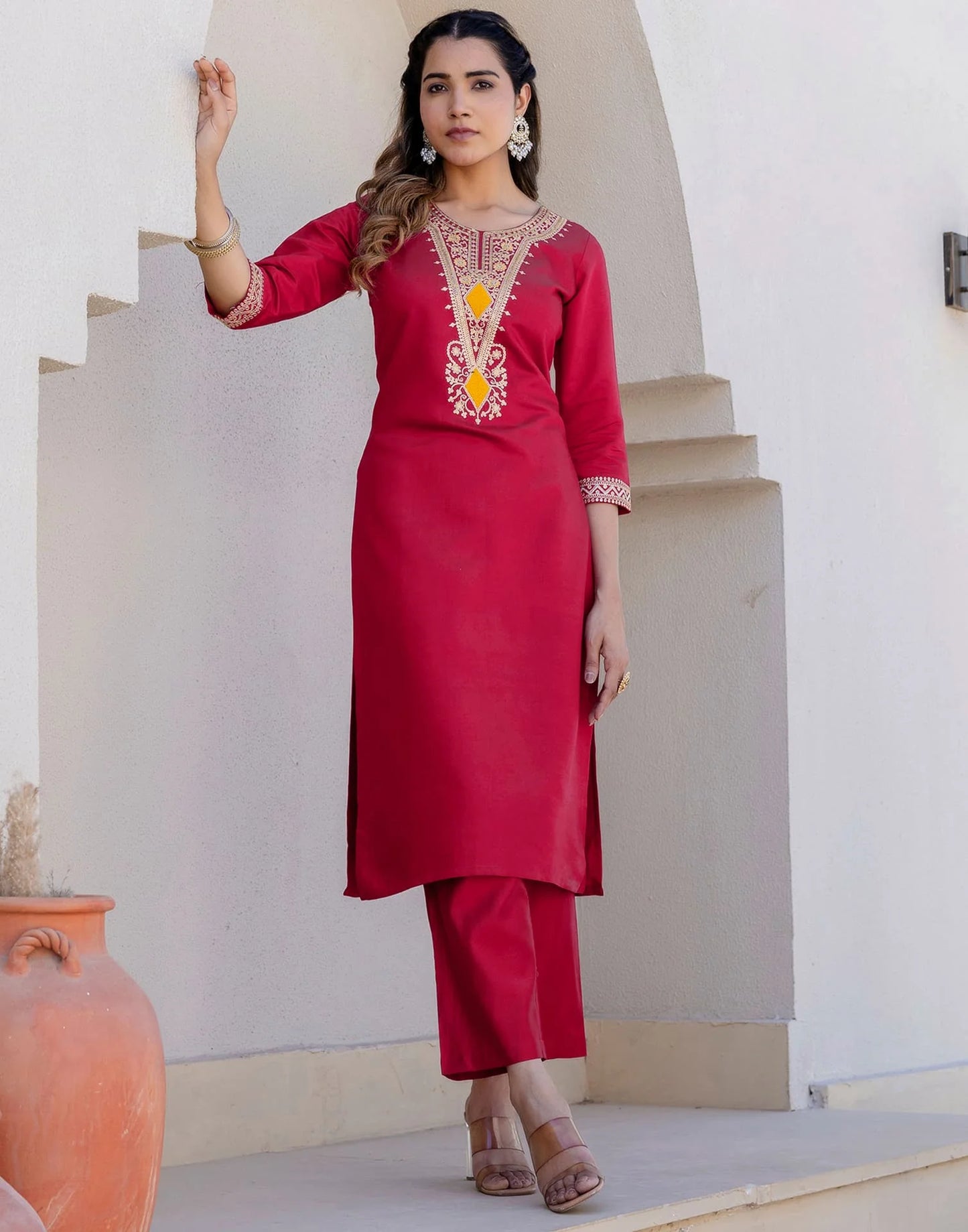 Cotton Blend Embroidery and Sequins Work Straight Kurta with Pant & Dupatta