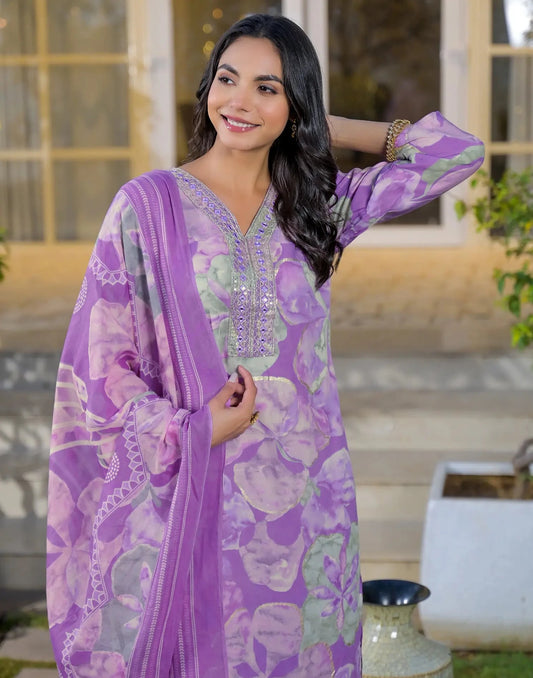 Rayon Printed V-Neck Straight Kurta with Pant & Dupatta