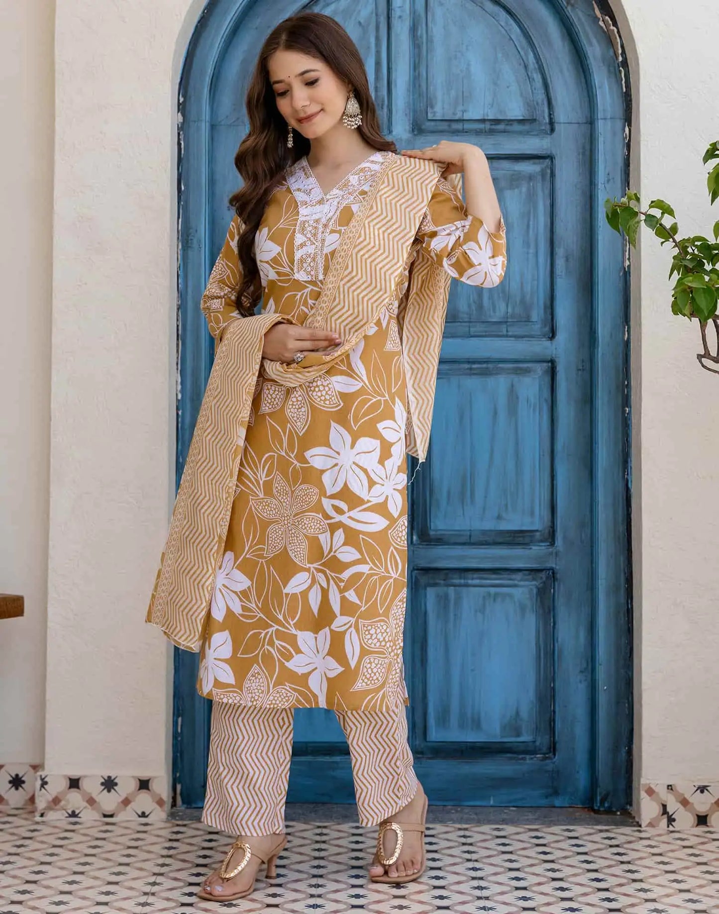 Cotton Straight Printed V-Neck Kurta with Pant & Dupatta