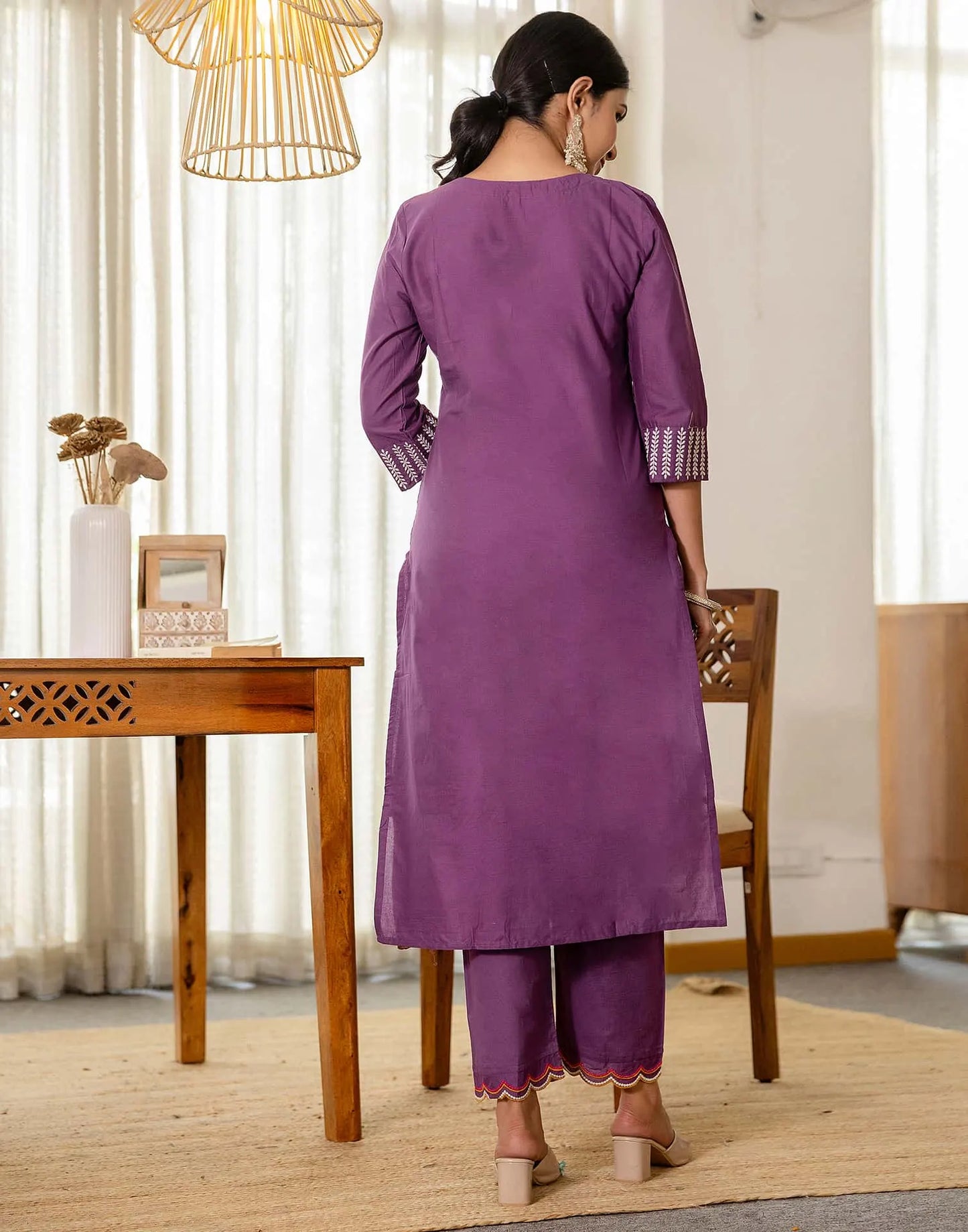 Skylee Purple Cotton Embroidered Straight Kurta with Pant & Dupatta