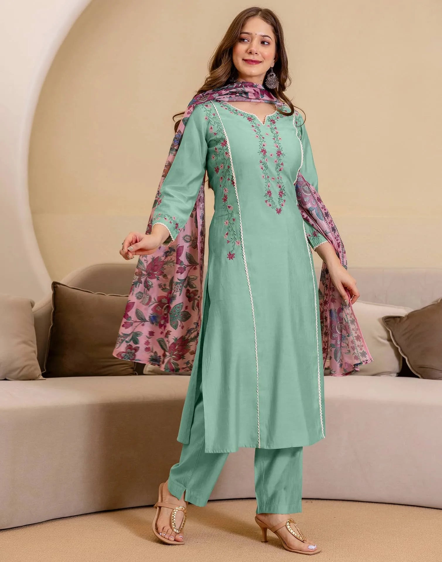 Green Silk Embroidered Straight Kurta Set with Pant and Dupatta