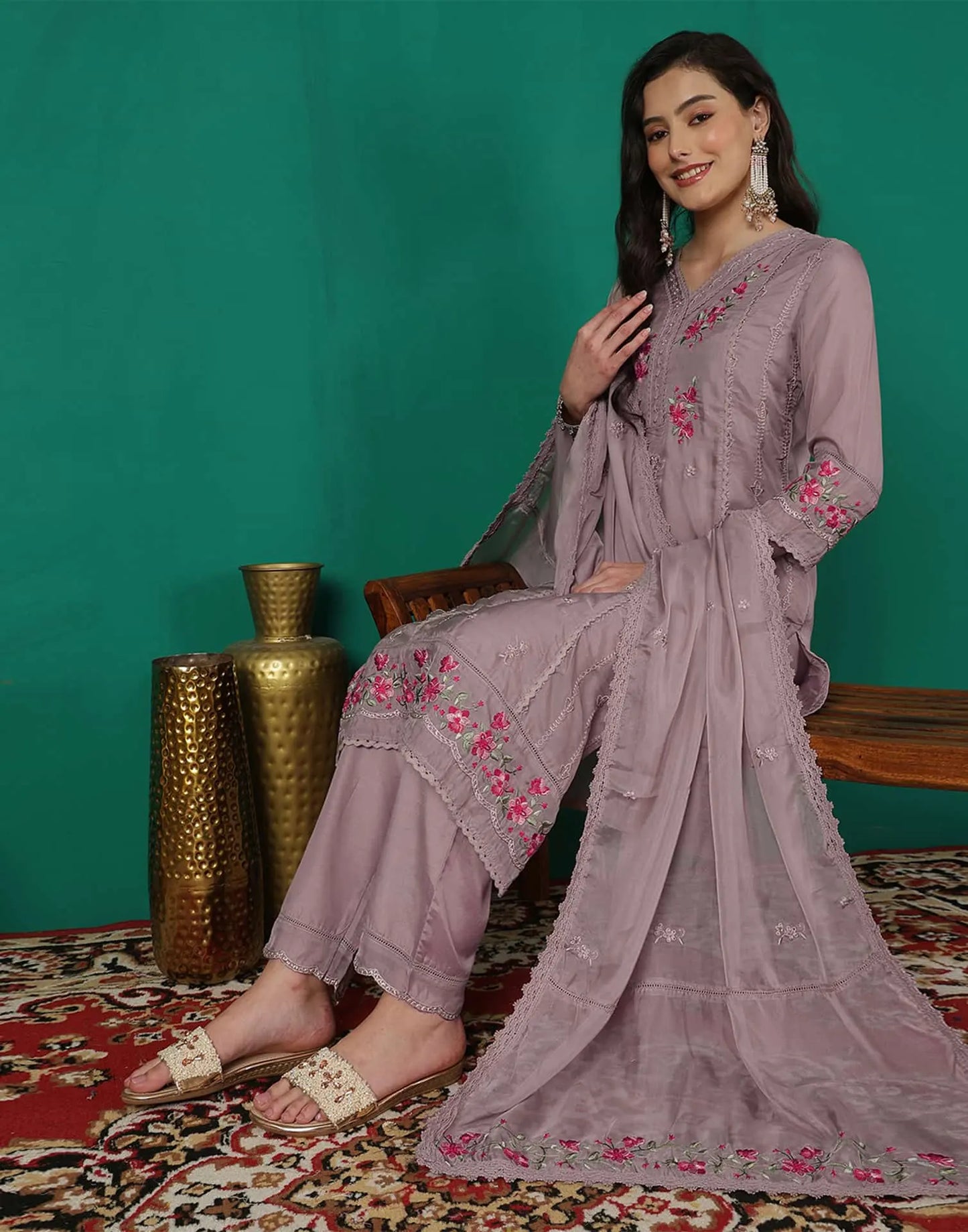Purple Silk Blend Embroidered Straight Kurta Set for Women with Pant and Dupatta