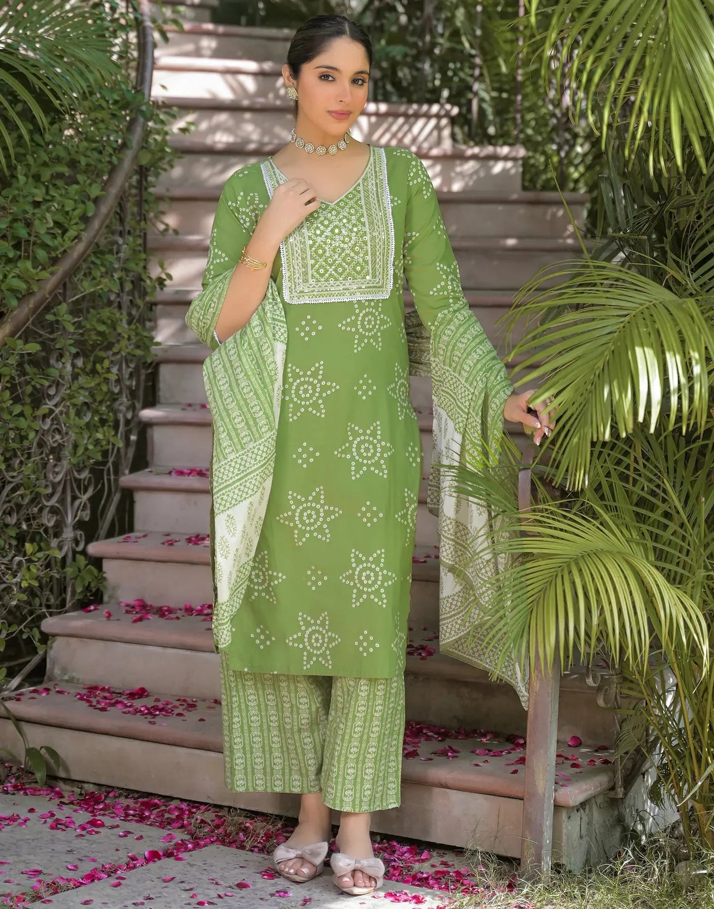 Cotton Embroidered V-Neck Straight Kurta with Pant & Dupatta