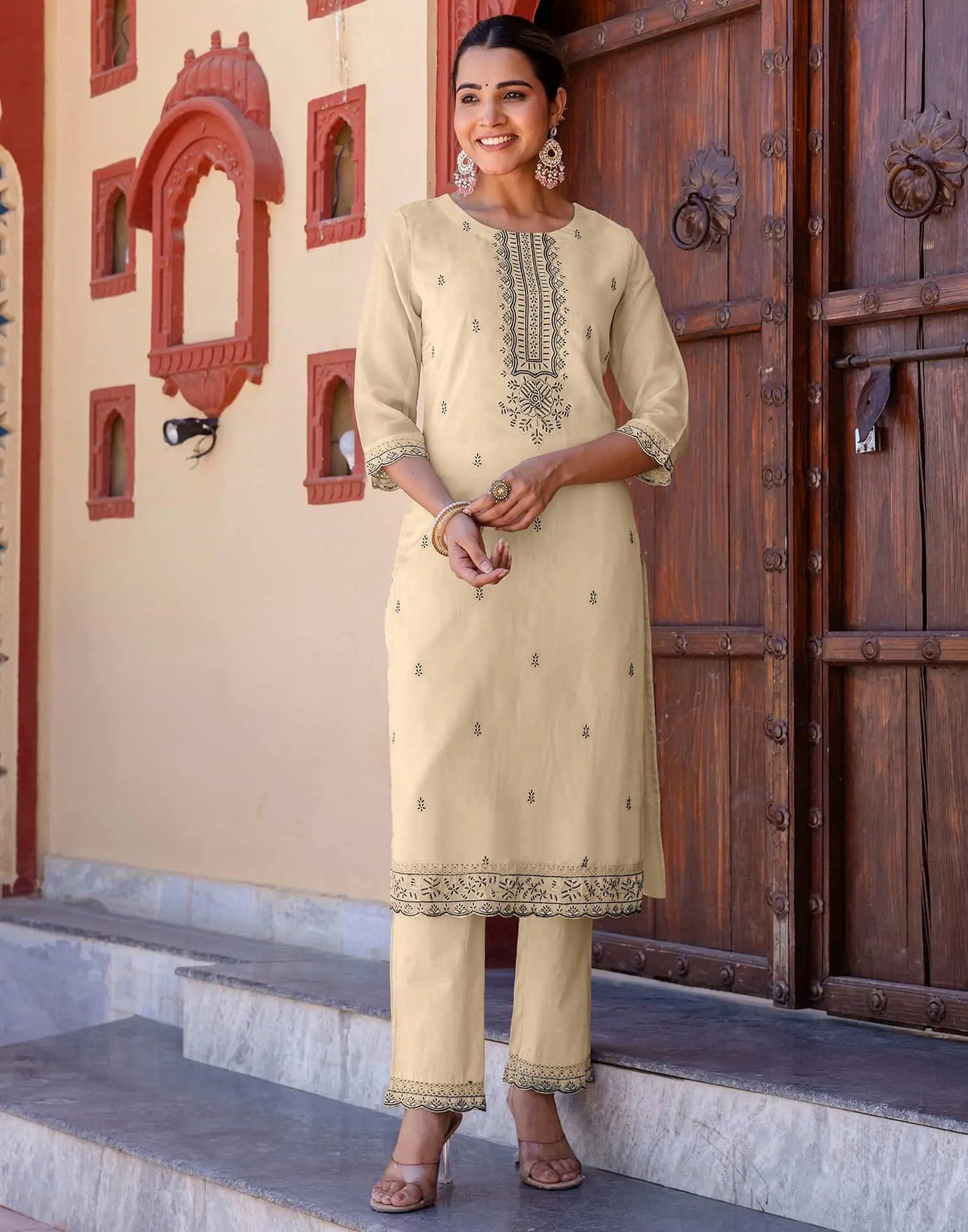 Beige Silk Embroidered and Sequins Work Straight Kurta Set with Pant & Dupatta for Women