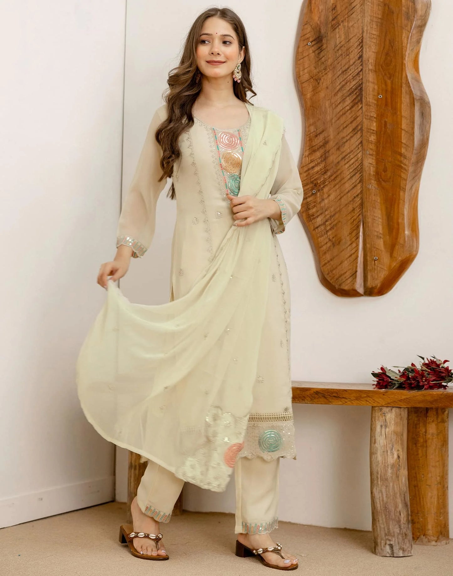 Beige Georgette Embroidered Kurta Set with Pant & Dupatta under 1299