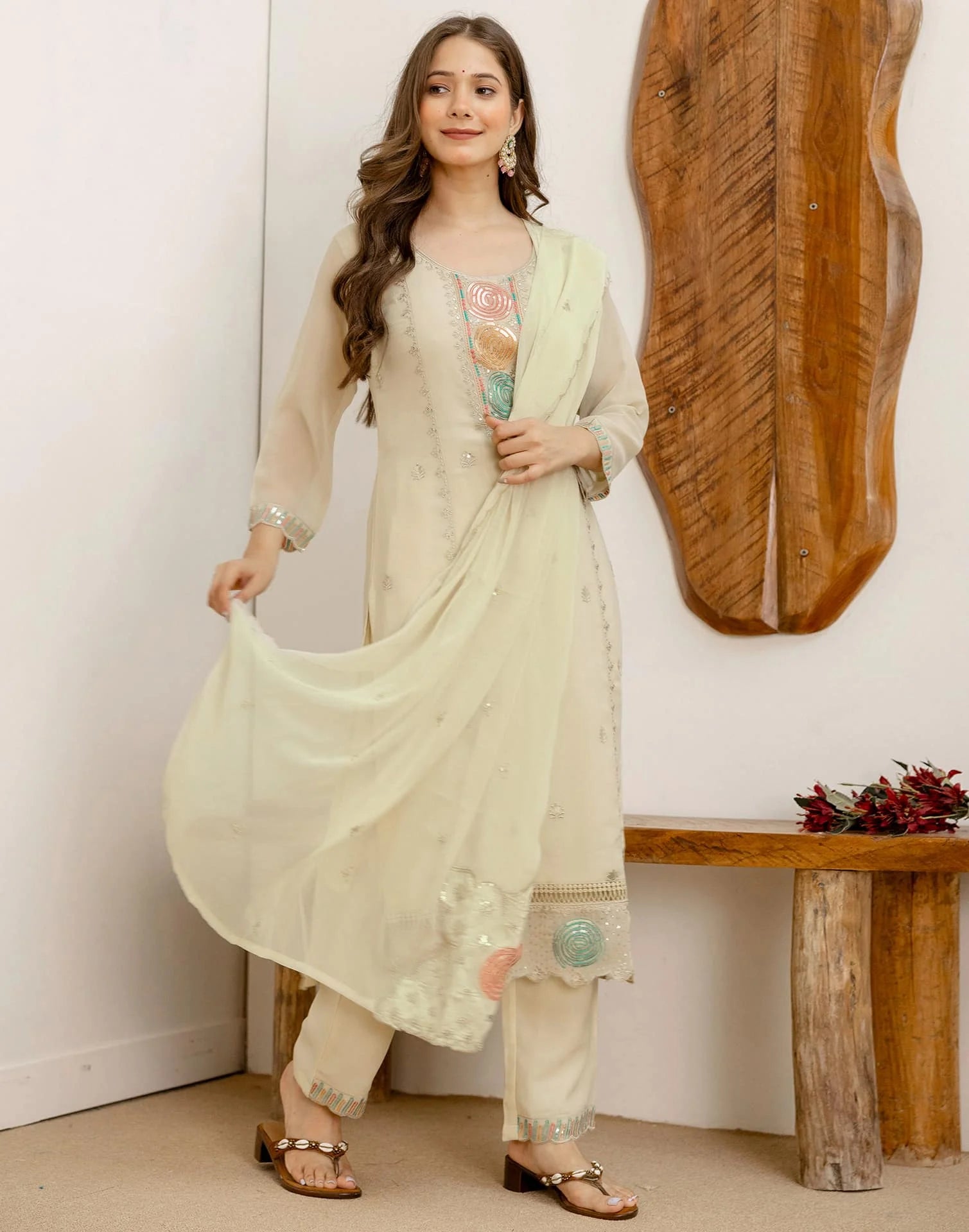 Beige Georgette Embroidered Kurta Set with Pant & Dupatta under 1299