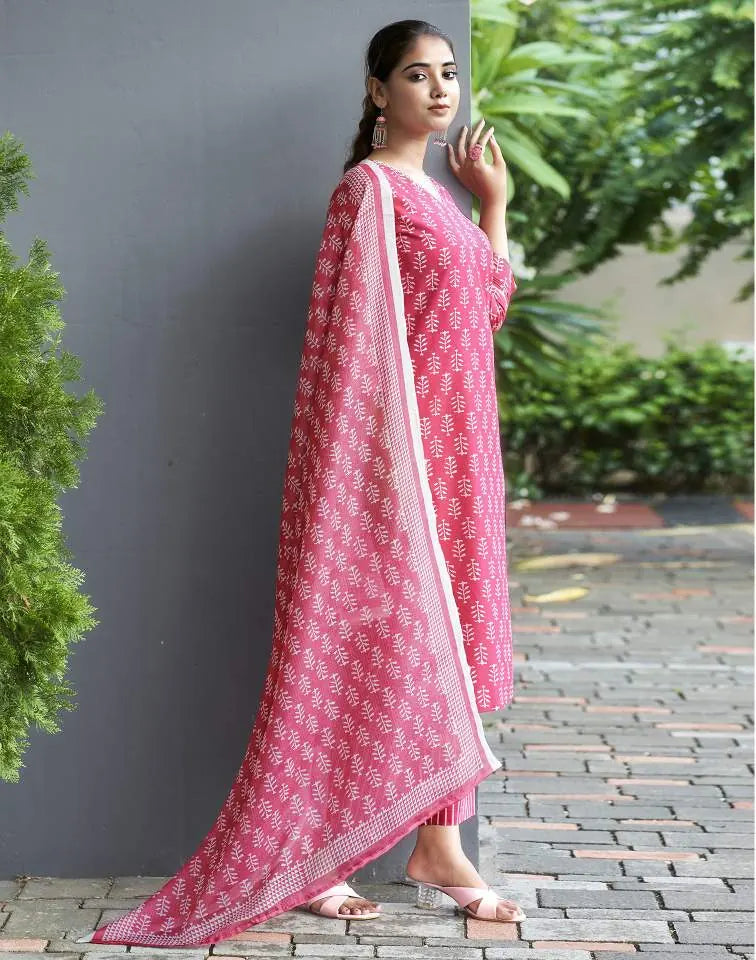 Pink Printed Everyday Office Wear Kurta Set with dupatta 