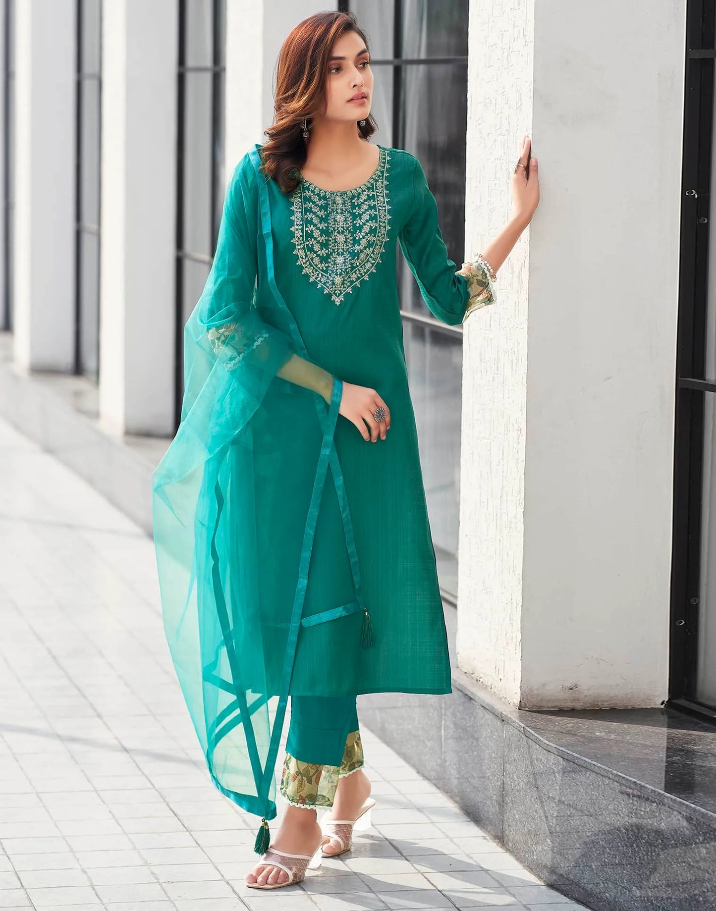 Silk Blend Sequence Embroidery Work and Lace Straight Kurta with Pant & Dupatta